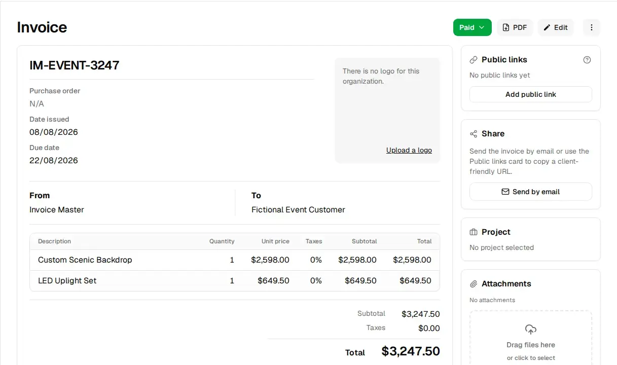 Invoice Master Paid invoice for Custom Scenic Backdrop and LED Uplight Set totaling US$3,247.50