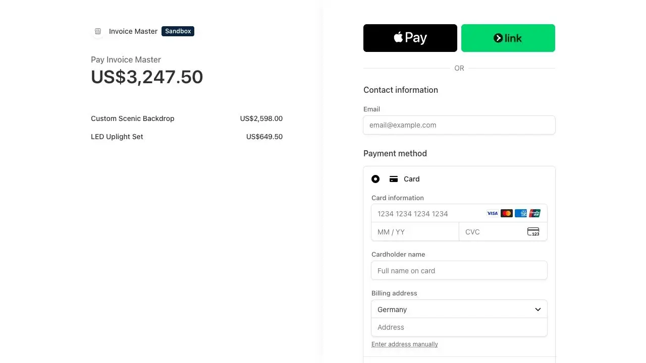 Stripe sandbox checkout for a fictional Invoice Master invoice totaling US$3,247.50