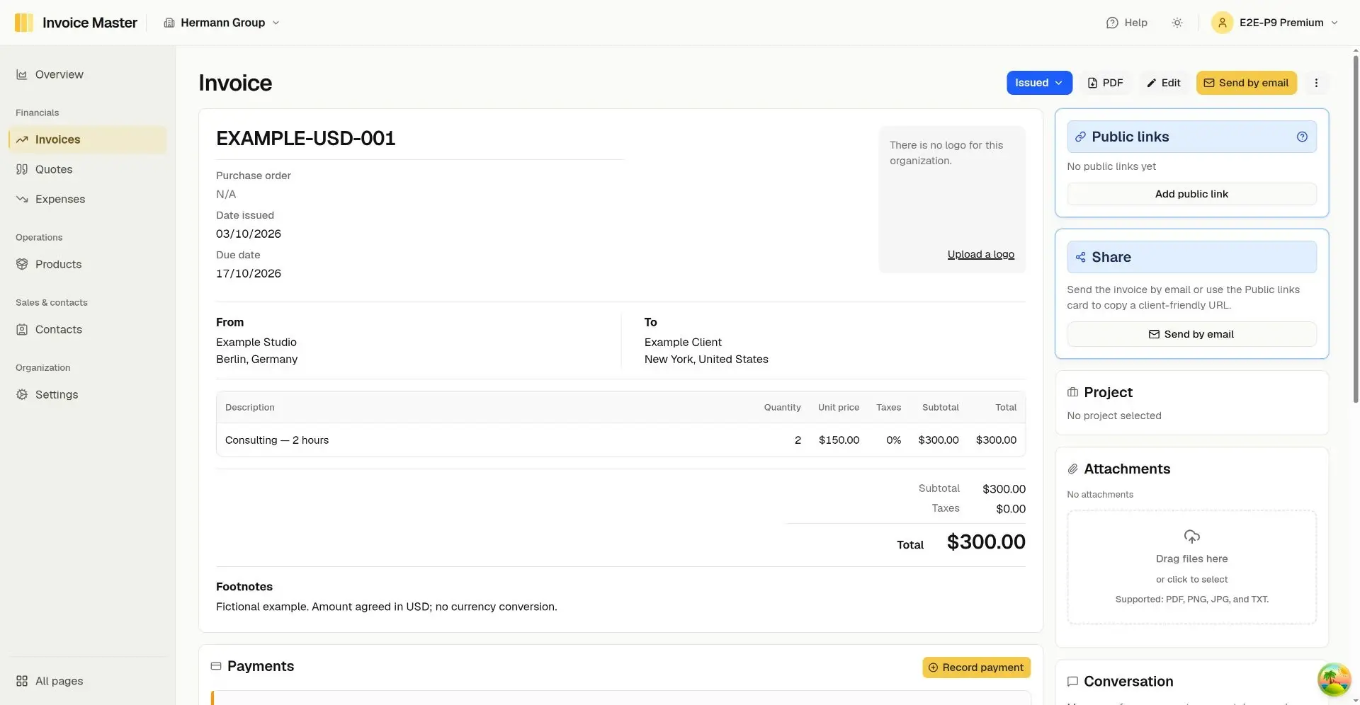 Invoice Master preview of a fictional USD invoice for two hours at US$150, totaling US$300