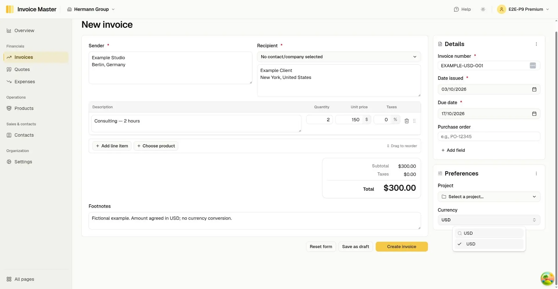 Invoice Master invoice editor with USD selected for a fictional international-client invoice