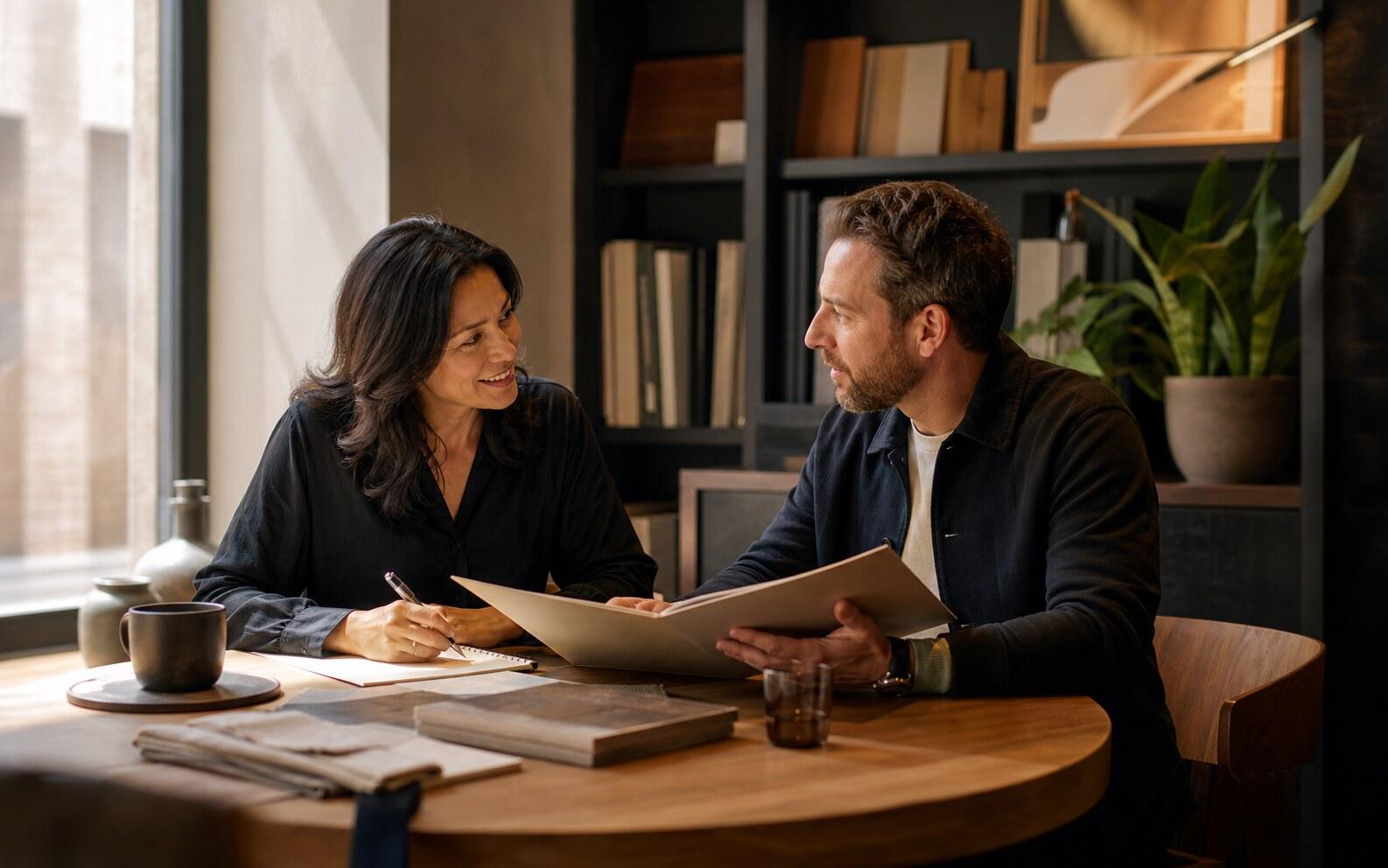 Two people discussing client work and account details