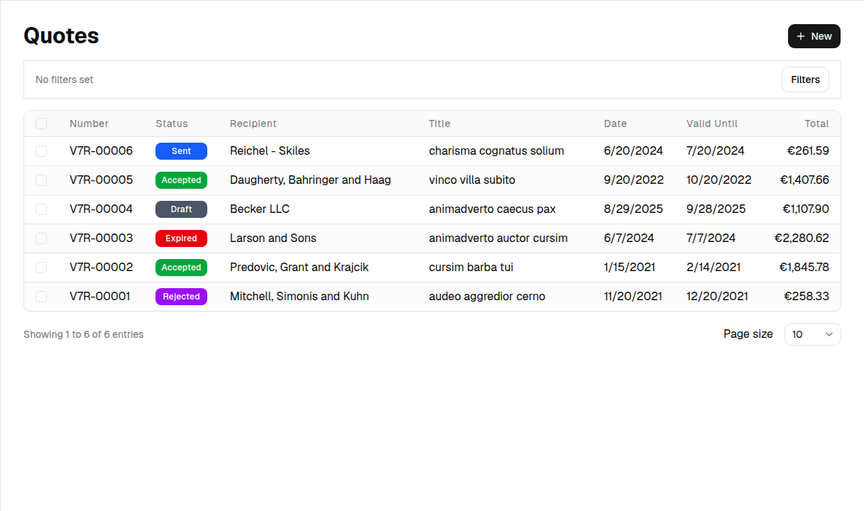 Invoice Master quotes list showing recipients, statuses, dates, and totals