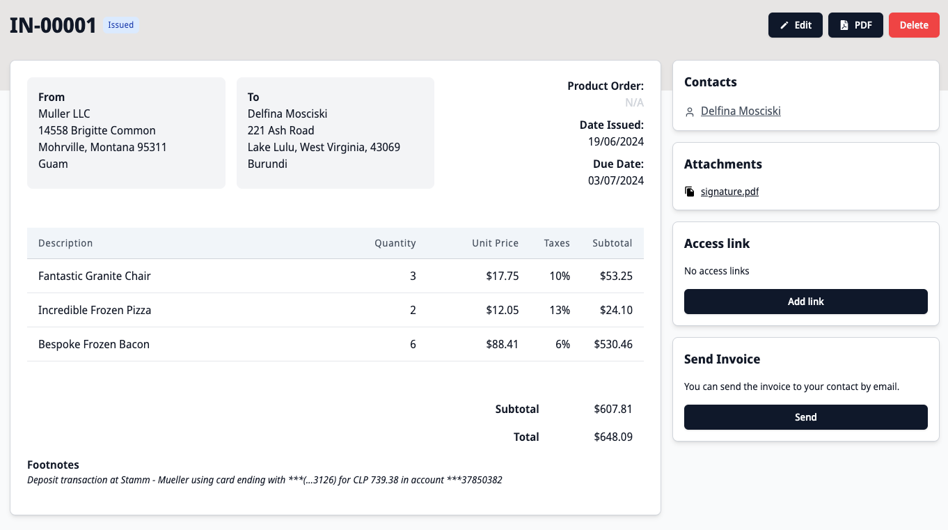 Invoice Master dashboard showing professional invoice creation interface