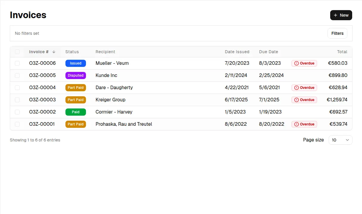 Invoice Master invoice list with issued, disputed, partially paid, paid, and overdue records