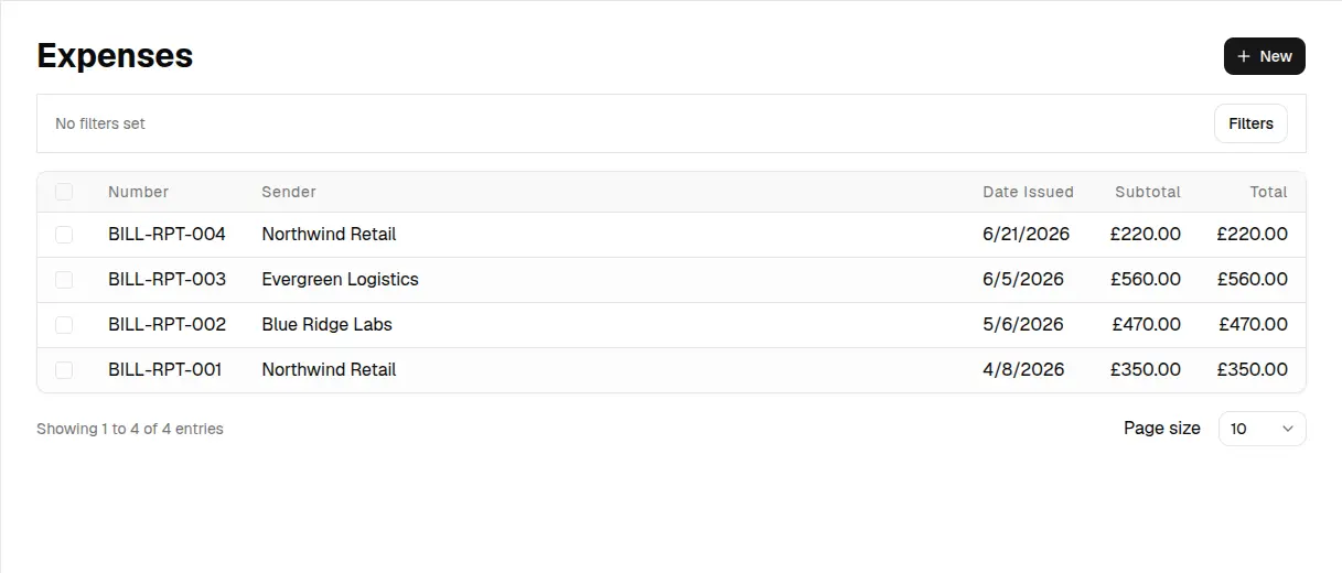 Invoice Master expenses list showing bill numbers, suppliers, issue dates, subtotals, and totals