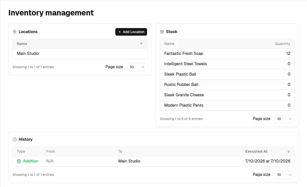 Invoice Master inventory showing one location, product stock-on-hand, and an explicit addition in movement history