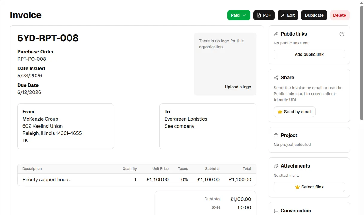 Invoice Master invoice detail showing the invoice number, purchase order, issue and due dates, parties, line item, tax, and total
