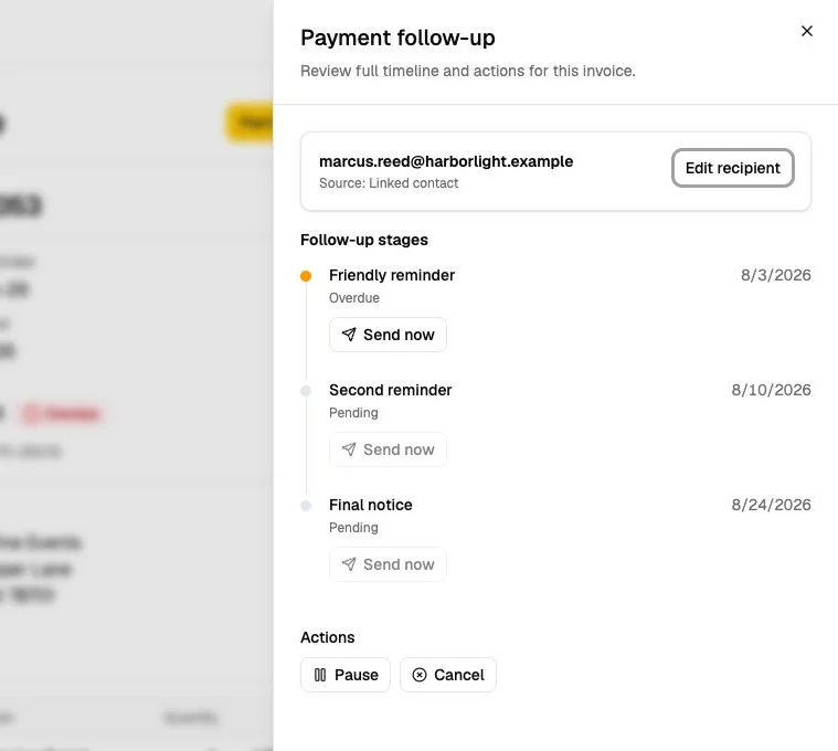 Invoice Master payment follow-up panel showing a fictional recipient, reminder stages, and state-aware actions