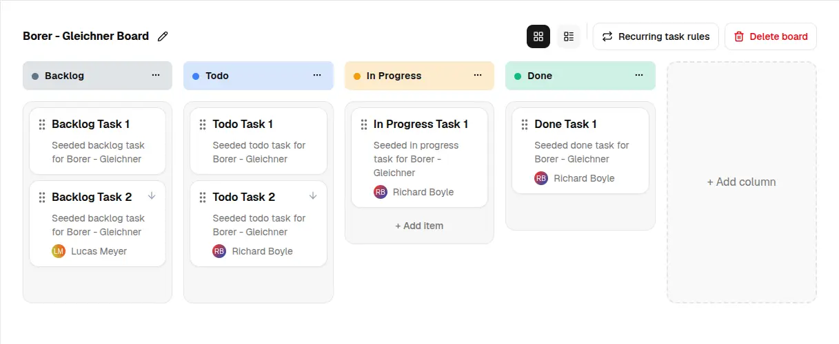 Invoice Master board with Backlog, Todo, In Progress, and Done columns plus seeded task cards and recurring task controls