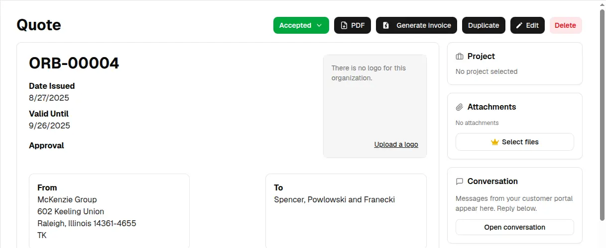 An accepted Invoice Master quote with the Generate invoice action, parties, dates, and linked workflow controls