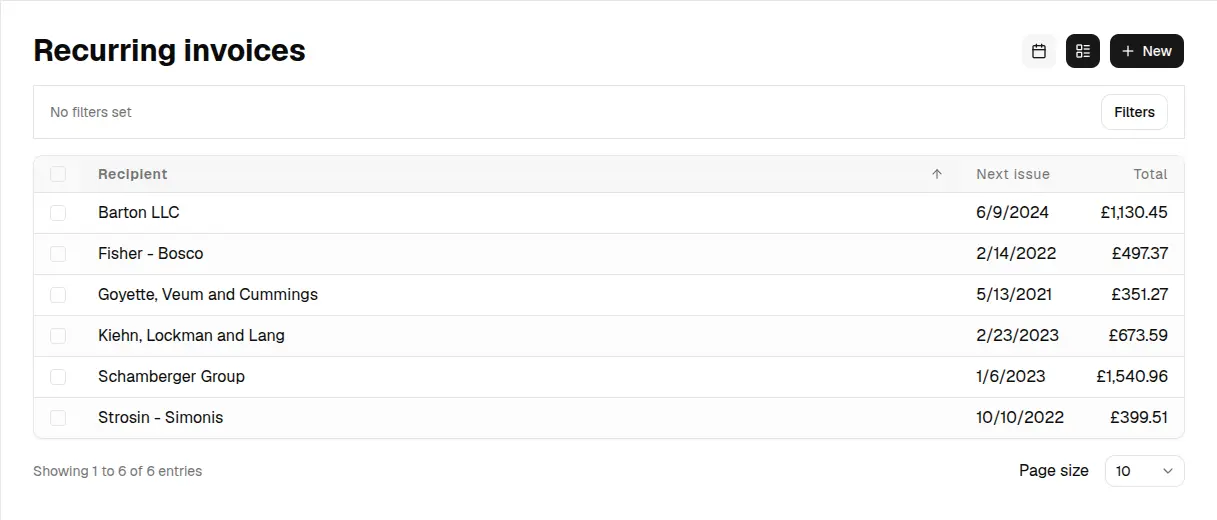 Invoice Master recurring invoice list showing recipients, next issue dates, and totals