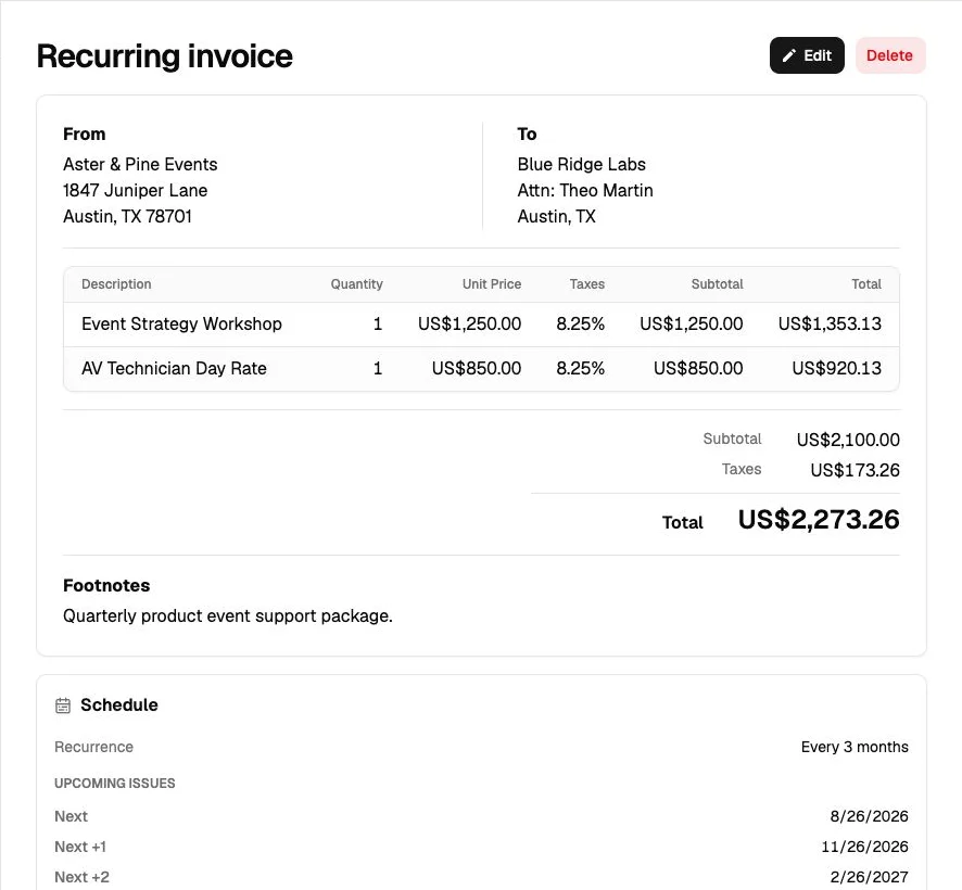 Invoice Master recurring invoice detail showing fictional parties, line items, recurrence, and upcoming issue dates